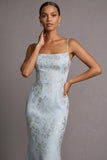 Light Blue Jacquard Mermaid Floral Long Wedding Guest Dress