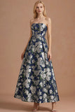 Navy Floral A Line Jacquard Strapless Maxi Formal Dress