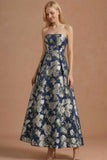 Navy Floral A Line Jacquard Strapless Maxi Formal Dress