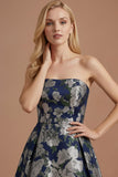 Navy Floral A Line Jacquard Strapless Maxi Formal Dress