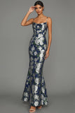 Mermaid Navy Floral Jacquard Spaghetti Straps Maxi Formal Dress