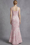 Jacquard Mermaid Pink Floral Maxi Thick Straps Wedding Guest Dress