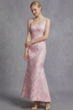 Jacquard Mermaid Pink Floral Maxi Thick Straps Wedding Guest Dress