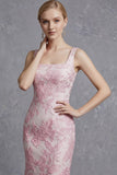 Jacquard Mermaid Pink Floral Maxi Thick Straps Wedding Guest Dress