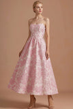 Pink Floral Jacquard Corset A Line Wedding Guest Dress