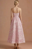Pink Floral Jacquard Corset A Line Wedding Guest Dress