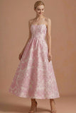 Pink Floral Jacquard Corset A Line Wedding Guest Dress