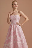 Pink Floral Jacquard Corset A Line Wedding Guest Dress