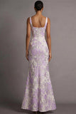 Lilac Jacquard Mermaid Floral Spaghetti Straps Long Wedding Guest Dress