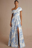 Light Blue Jacquard Floral A Line Long Wedding Guest Dress with Slit