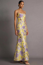 Yellow Floral Mermaid Spaghetti Straps Jacquard Long Formal Dress