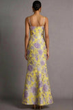 Yellow Floral Mermaid Spaghetti Straps Jacquard Long Formal Dress