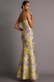 Yellow Floral Mermaid Spaghetti Straps Jacquard Long Formal Dress