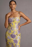 Yellow Floral Mermaid Spaghetti Straps Jacquard Long Formal Dress