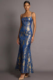 Blue Spaghetti Straps Floral Mermaid Jacquard Long Formal Dress