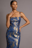 Blue Spaghetti Straps Floral Mermaid Jacquard Long Formal Dress