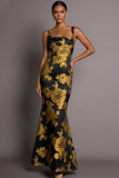 Jacquard Floral Mermaid Golden Maxi Formal Dress