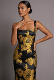 Jacquard Floral Mermaid Golden Maxi Formal Dress