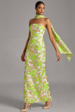 Green Floral Mermaid Strapless Long Wedding Guest Dress with Neck Scarf