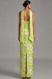 Green Floral Mermaid Strapless Long Wedding Guest Dress with Neck Scarf