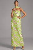Green Floral Mermaid Strapless Long Wedding Guest Dress with Neck Scarf