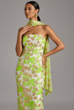 Green Floral Mermaid Strapless Long Wedding Guest Dress with Neck Scarf