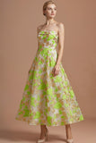 Green Floral Jacquard Strapless A Line Maxi Wedding Guest Dress