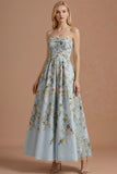 Blue Floral A Line Backless Long Wedding Guest Dress