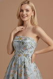 Blue Floral A Line Backless Long Wedding Guest Dress