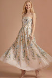 Blue Floral A Line Backless Long Wedding Guest Dress