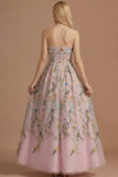 Blue Floral A Line Backless Long Wedding Guest Dress