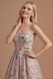 Blue Floral A Line Backless Long Wedding Guest Dress