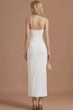 White Halter Neck Sheath Long Wedding Reception Dress with Slit