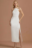 White Halter Neck Sheath Long Wedding Reception Dress with Slit