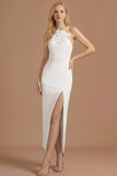 White Halter Neck Sheath Long Wedding Reception Dress with Slit