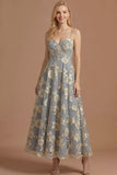 Champagne A Line Floral Appliqued Long Wedding Guest Dress