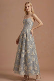 Champagne Corset Floral A Line Appliqued Long Formal Dress