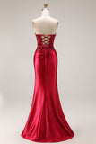 Sparkly Burgundy Mermaid Satin Corset Beaded Long Prom Dress with Slit