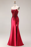 Sparkly Burgundy Mermaid Satin Corset Beaded Long Prom Dress with Slit