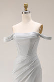 Light Grey Corset Off the Shoulder Mermaid Maxi Gala Dress with Slit