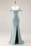 Dusty Green Corset Ruched Mermaid Maxi Gala Dress with Slit