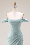 Dusty Green Corset Ruched Mermaid Maxi Gala Dress with Slit