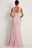 Dark Pink Ruched Thick Straps Mermaid Maxi Formal Dress with Slit