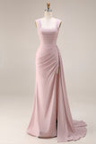 Dark Pink Ruched Thick Straps Mermaid Maxi Formal Dress with Slit