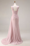 Dark Pink Ruched Thick Straps Mermaid Maxi Formal Dress with Slit
