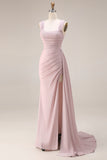 Dark Pink Ruched Thick Straps Mermaid Maxi Formal Dress with Slit