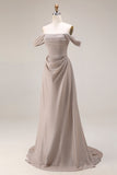 Grey Mermaid Off the Shoulder Draped Long Gala Dress