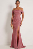 Amethyst Mermaid Ruched Off the Shoulder Maxi Gala Dress with Slit