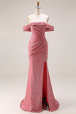 Amethyst Mermaid Ruched Off the Shoulder Maxi Gala Dress with Slit