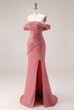 Amethyst Mermaid Ruched Off the Shoulder Maxi Gala Dress with Slit